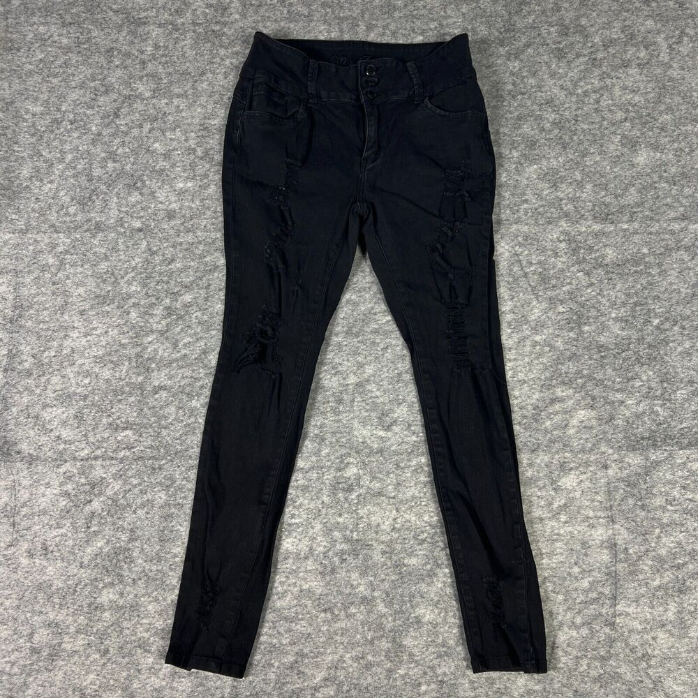 Ella Denim Jeans Juniors Size 13 Black‎ Distressed Frayed Skinny